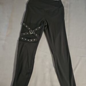 Unbranded Black Leggings M (7-8) Black w/Mesh&Grommet Belt Detail Ankle Length